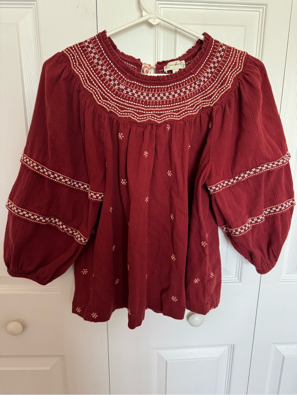 Women’s 100% cotton Burgundy Embroidered Peasant Blouse